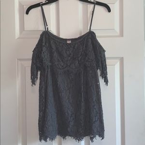 Gray lace off the shoulder top.